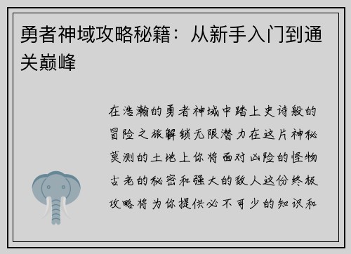 勇者神域攻略秘籍：从新手入门到通关巅峰